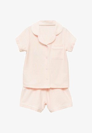 Světle růžový pruhovaný pyžamový set s krátkým rukávem a odpovídajícími šortkami. Obsahuje zaoblený límec, přední kapsu a bílé akcenty.