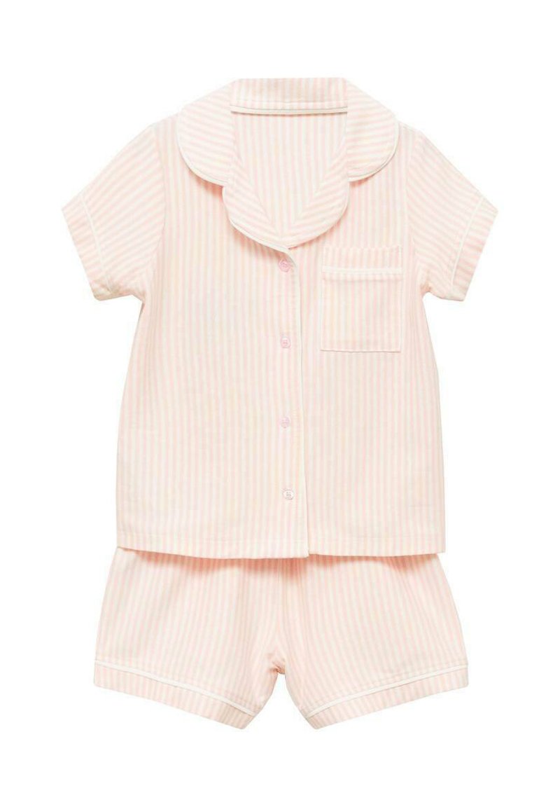 Světle růžový pruhovaný pyžamový set s krátkým rukávem a odpovídajícími šortkami. Obsahuje zaoblený límec, přední kapsu a bílé akcenty.
