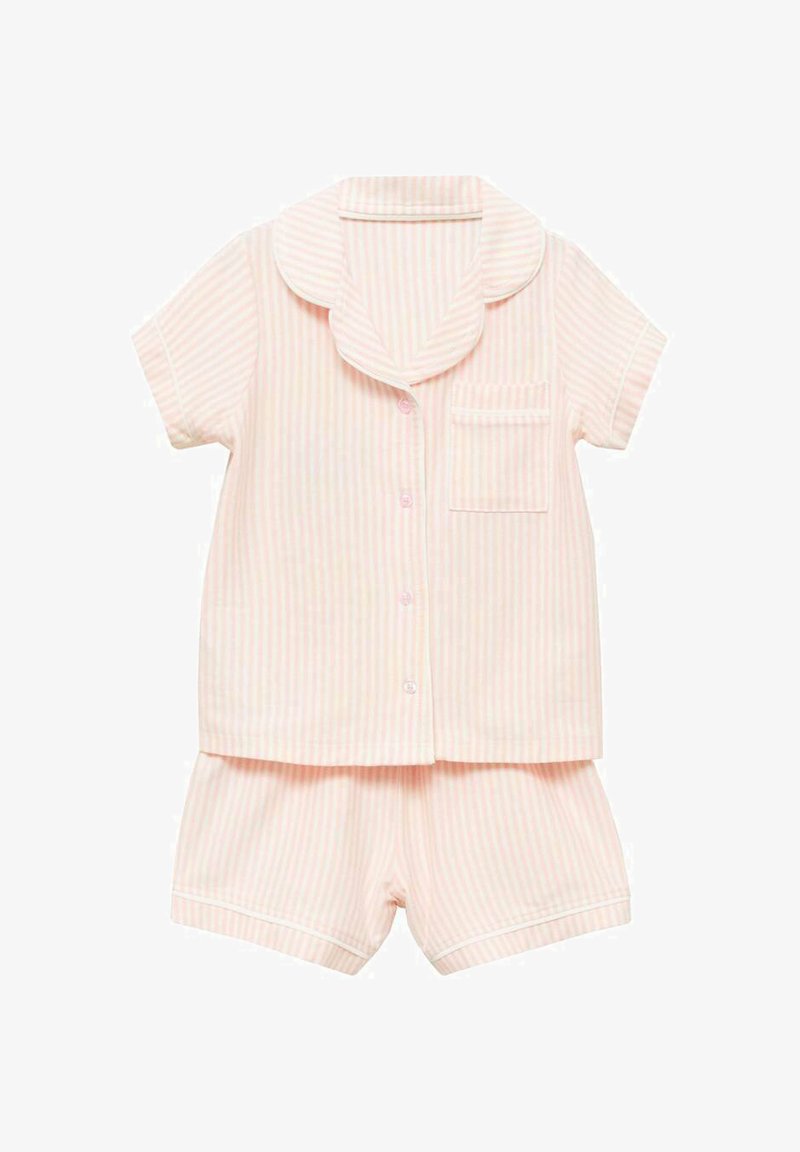 Světle růžový pruhovaný pyžamový set s krátkým rukávem a odpovídajícími šortkami. Obsahuje zaoblený límec, přední kapsu a bílé akcenty.