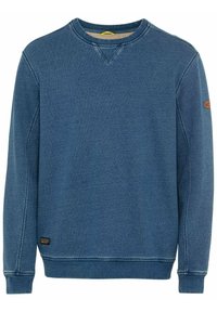 Felpa blu con collo a giro, maniche lunghe, polsini e orlo a coste, con una piccola patch con logo sulla manica e dettagli di cucitura strutturata.