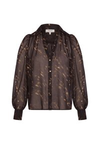 Blouse noire transparente avec des motifs subtils marron et doré, manches bouffantes longues, col en V et fermeture à boutons sur le devant. Tissu texturé, coupe décontractée.