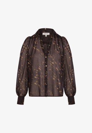 Blouse noire transparente avec des motifs subtils marron et doré, manches bouffantes longues, col en V et fermeture à boutons sur le devant. Tissu texturé, coupe décontractée.