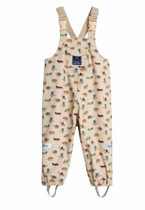 Beige wasserdichte Latzhose mit bunten Tiermustern. Verstellbare Träger, elastische Bündchen und eine Fronttasche mit Logo-Patch.