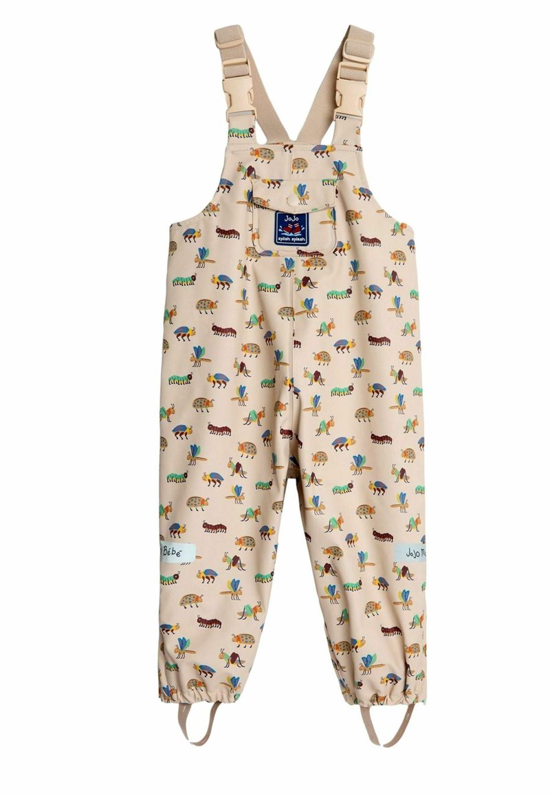 Beige waterdichte overall met kleurrijke dierenpatronen. Verstelbare banden, elastiek bij de mouwen en een voorkantzak met logo-patch.