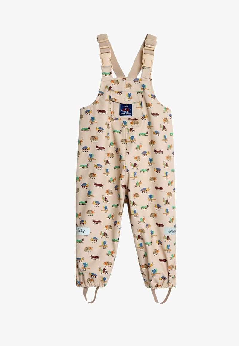 Beige vattentäta overaller med färgglada djurmönster. Justerbara remmar, elastiska ärmslut och en ficka framtill med logotyppatch.