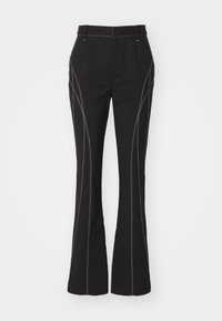 Pantalons évasés noirs en tissu mélangé coton, avec des coutures blanches contrastantes le long des côtés et une ceinture classique.