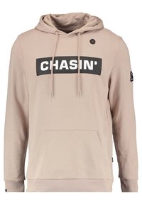Felpa beige realizzata in tessuto morbido. Presenta una banda con il logo nero che recita "CHASIN'" e una tasca a marsupio frontale. Include un cappuccio con cordino.