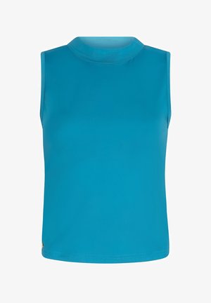 Bezramiona bluzka w jasnym turkusie, wykonana z gładkiego, elastycznego materiału. Cechuje się wysokim dekoltem i dopasowanym krojem. Subtelny detal z logo na dolnym brzegu.