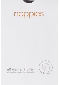 Hvid emballage med mærket "noppies" i orange. Indeholder 60 deniers strømpebukser med en grafik, der illustrerer ekstra plads til maven.