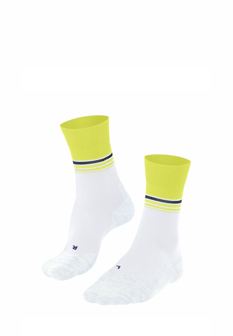 Białe skarpetki do kostek z jasnobeżowym mankietem ozdobionym dwoma poziomymi niebieskimi paskami. Wykonane z oddychającego materiału, z wzmocnionymi palcami i piętami.