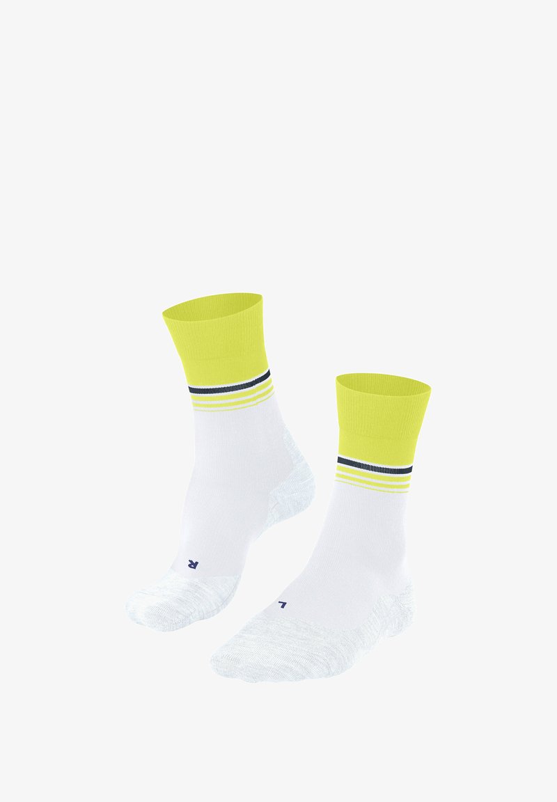 Białe skarpetki do kostek z jasnobeżowym mankietem ozdobionym dwoma poziomymi niebieskimi paskami. Wykonane z oddychającego materiału, z wzmocnionymi palcami i piętami.