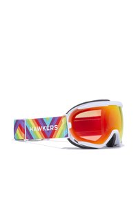 Skibril met een wit montuur, oranje spiegelende lens en een kleurrijke band met een chevronpatroon en de tekst "HAWKERS".