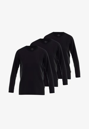 Trois t-shirts noirs à manches longues en tissu doux. Ils présentent un col ras du cou et une texture lisse avec un design simple.