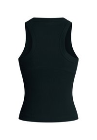 Juodas išsiuvinėtas liemenėlis su apvaliu kaklu ir be rankovių dizainu. Gale matomas lygus, tekstūruotas audinys ir prigludusi siluetas.