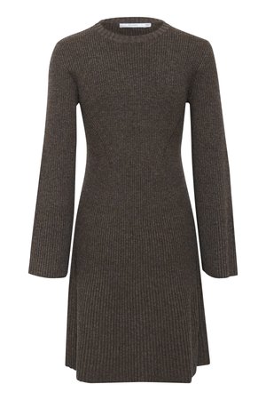 Brown ribbed knit dress with a crew neckline, long sleeves, and a flared skirt. Features textured fabric and a fitted bodice.
