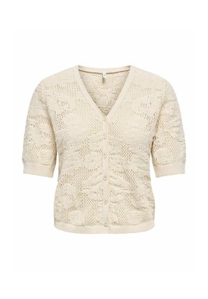 Krémový krátký pletený kardigan s květinovým krajkovým vzorem, výstřihem do V a zapínáním na knoflíky vpředu.