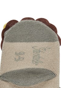 Stricksocke mit einem beigen Grund, einem strukturierten grauen Streifen, einem braunen gewellten Rand und einem gelben Akzent. Maschinenwaschbar, lässiges Design.