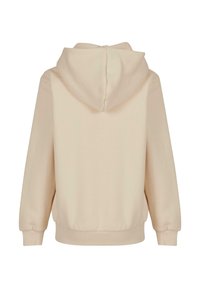 Bēša kapuce ar garām piedurknēm, ribota apdare uz manžetēm un apakšmalu, redzams no muguras.