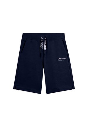 Shorts de sport bleu marine avec taille élastique, cordons blancs "FREDDY", poches latérales et texte "FREDDY TRAINING" sur la jambe droite.