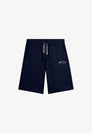 Pantaloncini sportivi blu navy con vita elastica, stringhe bianche "FREDDY", tasche laterali e scritta "FREDDY TRAINING" sulla gamba destra.