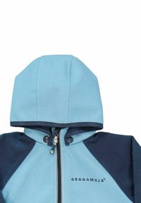 Fleece jacket with a light blue body and dark blue accents. Features a zip closure and a hood. Logo displayed on the front.