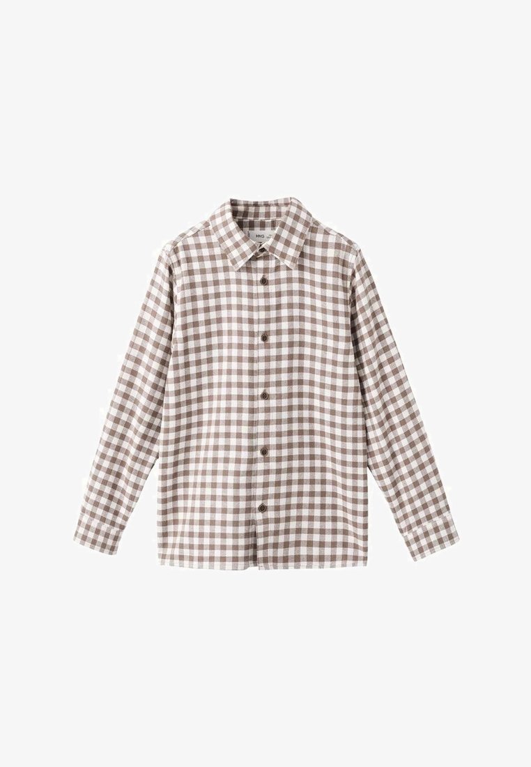 Chemise à manches longues boutonnée avec un motif à carreaux marron et blanc et un col pointu.
