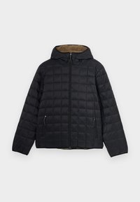 Black quilted puffer jacket with a hood, featuring two zippered side pockets and a soft brown interior lining. Has a straight fit and minimal seams.