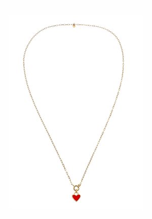Zarte goldene Halskette mit einem kleinen, roten herzförmigen Anhänger, der in der Mitte hängt.
