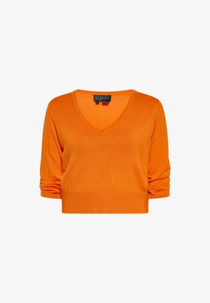 Oranž V-kaelusega sviiter, millel on kolmekvart sõrmed, valmistatud pehmest kudumist. Omab soonikuid ääriseid ja allääre, tagades korraliku istuvuse.