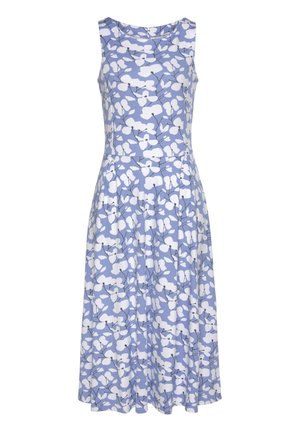 Ärmelloses hellblaues Kleid mit weißem Blumenmuster, tailliertem Schnitt, ausgestelltem Rock und rundem Ausschnitt.