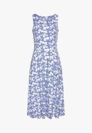 Ärmelloses hellblaues Kleid mit weißem Blumenmuster, tailliertem Schnitt, ausgestelltem Rock und rundem Ausschnitt.