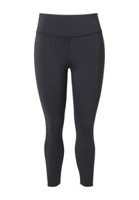 Leggings neri realizzati in materiale elasticizzato, con una vita alta e una superficie liscia, che si restringono fino alla caviglia.