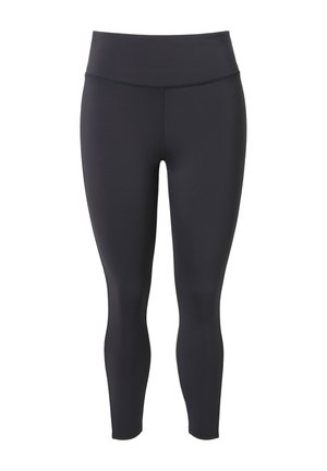 Zwarte legging van rekbaar materiaal, met een hoge tailleband en een gladde textuur, die taps toeloopt naar de enkel.