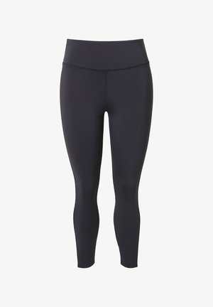 Zwarte legging van rekbaar materiaal, met een hoge tailleband en een gladde textuur, die taps toeloopt naar de enkel.