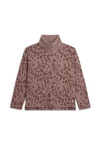 Sudadera de cuello alto con estampado de leopardo marrón, hecha de tela suave, con mangas largas y un corte relajado, con un pequeño logo en el dobladillo.