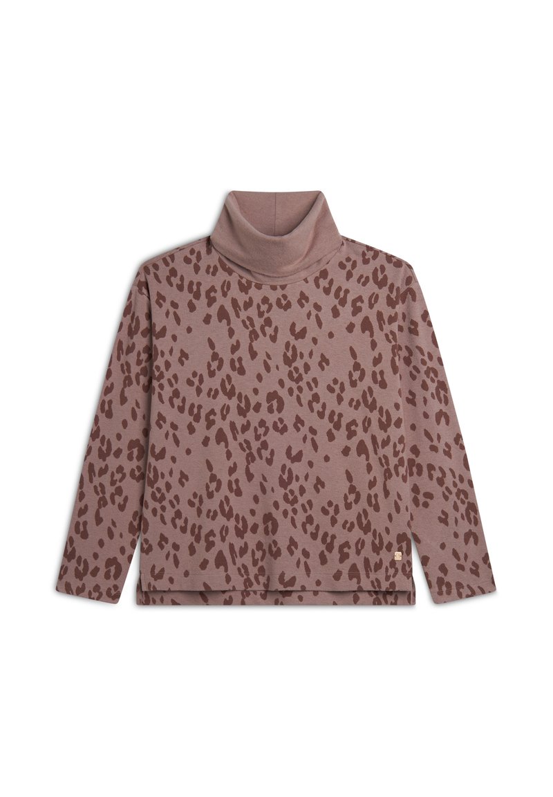 Sudadera de cuello alto con estampado de leopardo marrón, hecha de tela suave, con mangas largas y un corte relajado, con un pequeño logo en el dobladillo.