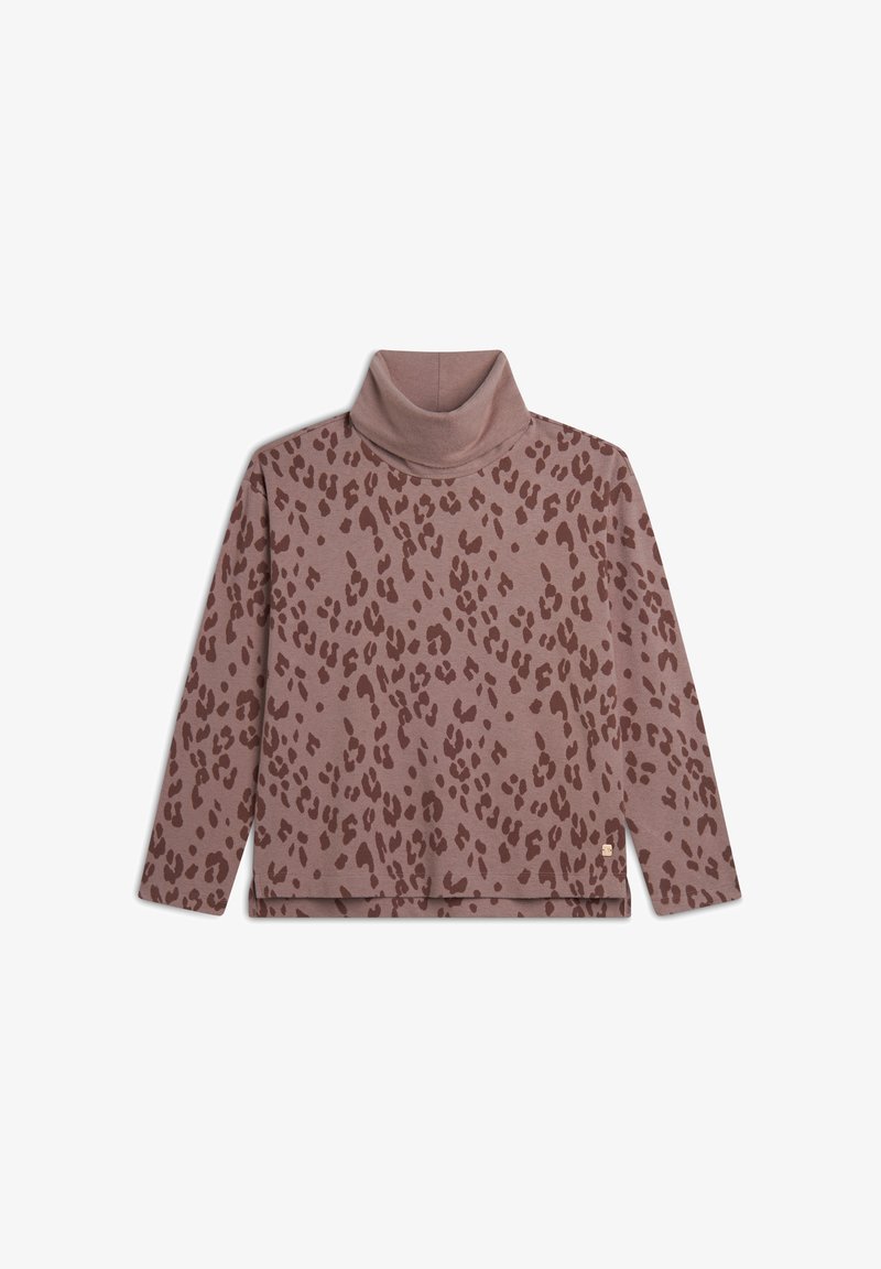 Sudadera de cuello alto con estampado de leopardo marrón, hecha de tela suave, con mangas largas y un corte relajado, con un pequeño logo en el dobladillo.