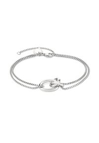 Bracciale in argento con due anelli intrecciati come centro, con una finitura texture e chiusura a moschettone.