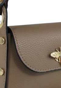 Beige leren handtas met een gestructureerde afwerking, voorzien van een klepsluiting en een gouden bijversiering. Geaccentueerd met ronde gouden hardware.