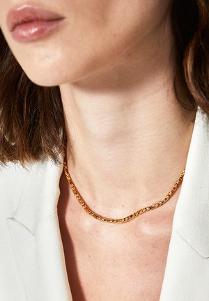 Gold-tone chain necklace with rectangular links, featuring embedded multicolored stones. Smooth texture with a slight shine.