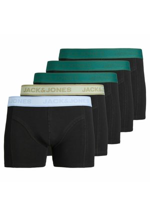 Pięć par czarnych męskich bokserek z elastycznym paskiem w talii w kolorach niebieskim, beżowym i zielonym, oznakowane literami "JACK&JONES".
