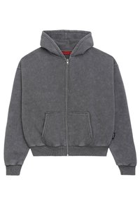 Sudadera con cremallera en color gris, fabricada en tejido suave, que cuenta con una capucha, bolsillos delanteros, puños acanalados y cintura acanalada. Sin patrones ni acentos.
