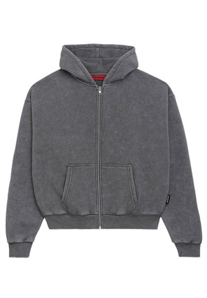 Gray zip-up hoodie made of soft fabric, featuring a hood, front pockets, ribbed cuffs, and waistband. No patterns or accents.