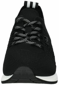Black athletic shoe with a textured knit upper, contrasting white laces, and a white sole. Features a striped pull tab at the heel.