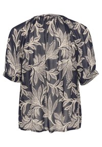 Blusa navy con motivo floreale in crema, maniche corte e scollatura arricciata. Tessuto leggero con una consistenza morbida.