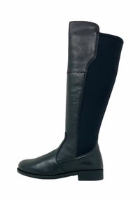 Stivale nero in pelle fino al ginocchio con una finitura liscia e pannelli laterali elastici. Design con punta tondeggiante e tacco basso a blocco.