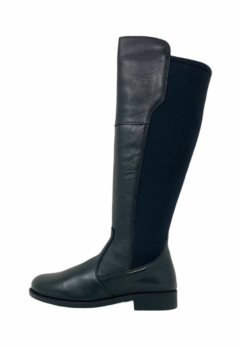 Stivale nero in pelle fino al ginocchio con una finitura liscia e pannelli laterali elastici. Design con punta tondeggiante e tacco basso a blocco.