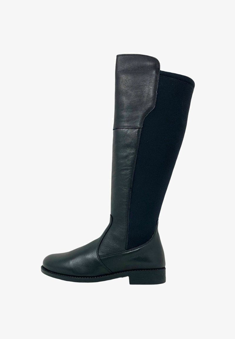 Stivale nero in pelle fino al ginocchio con una finitura liscia e pannelli laterali elastici. Design con punta tondeggiante e tacco basso a blocco.
