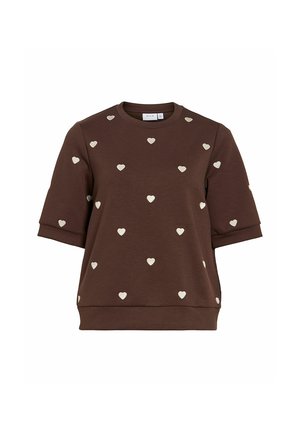 Sweat-shirt marron à manches courtes avec de petits motifs en forme de cœur blanc répartis uniformément sur le tissu.