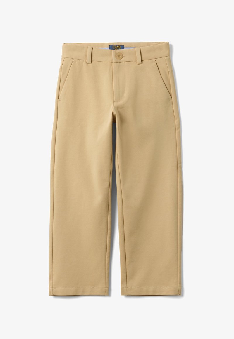 Pantalon beige à jambes droites avec passants pour ceinture, fermeture frontale par bouton, poches latérales, et étiquette à l'intérieur de la ceinture sur fond blanc.